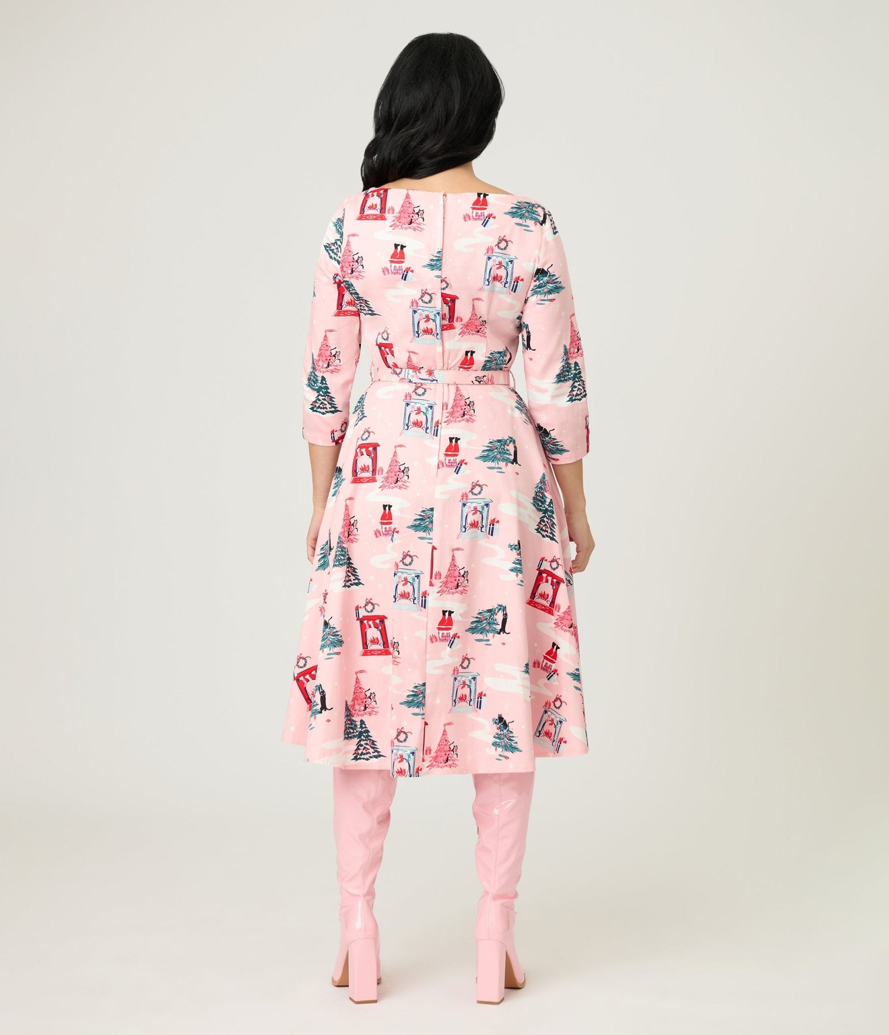 Royal Monk Pink Holiday Print Cotton Swing Dress - Unique Vintage - Womens, DRESSES, SWING