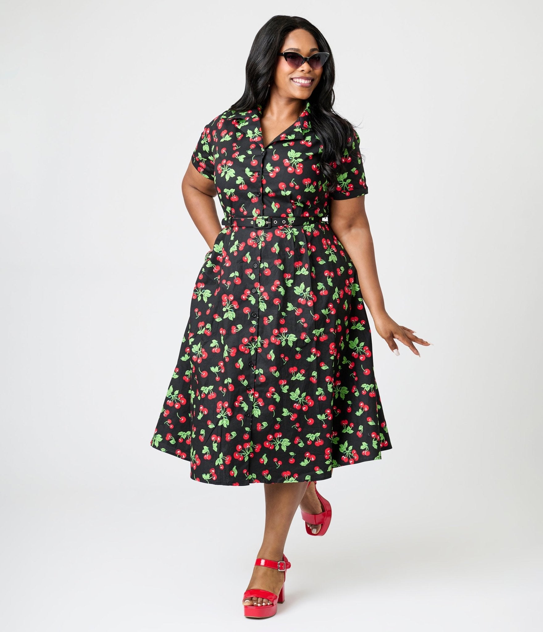 Royal Monk Plus Size Black & Red Cherries Darla Swing Dress - Unique Vintage - Womens, DRESSES, SWING