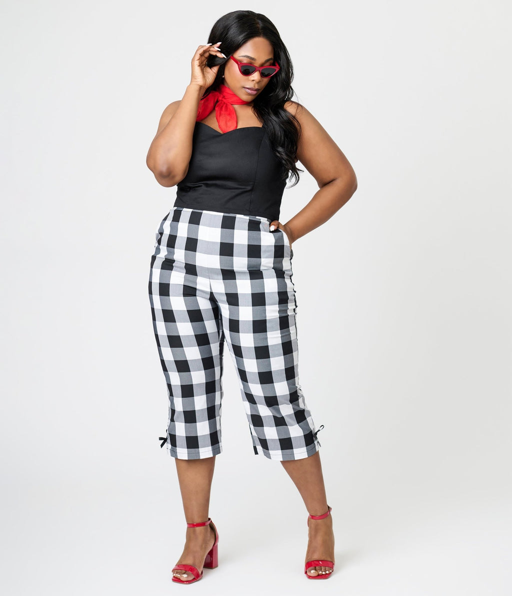 Royal Monk Plus Size Black & White Gingham Esme Capri Pants - Unique Vintage - Womens, BOTTOMS, PANTS