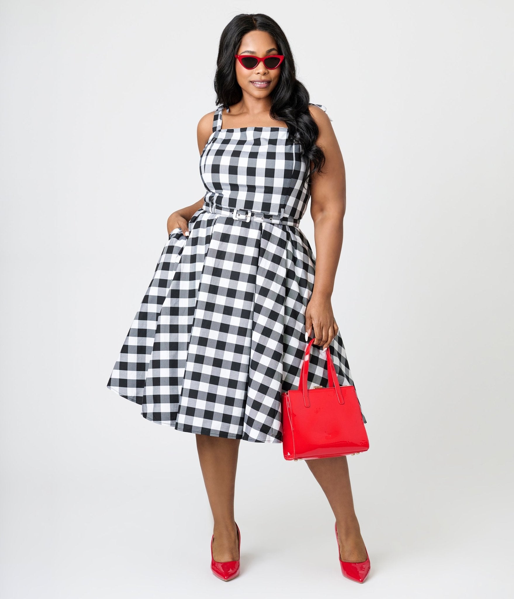 Royal Monk Plus Size Black & White Gingham June Swing Dress - Unique Vintage - Womens, DRESSES, SWING