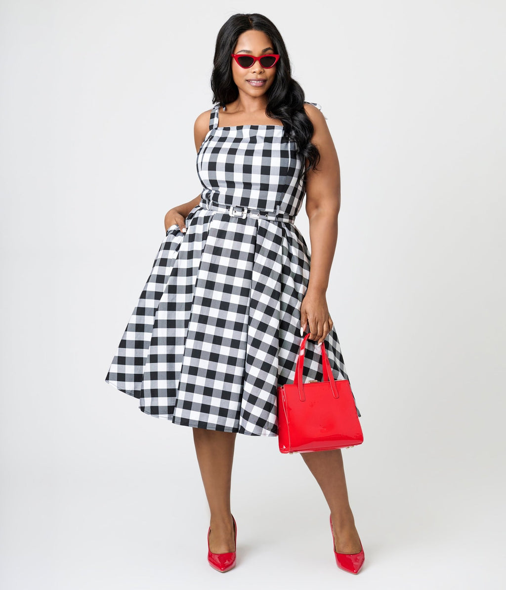 Royal Monk Plus Size Black & White Gingham June Swing Dress - Unique Vintage - Womens, DRESSES, SWING