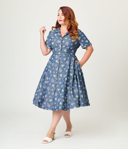 Royal Monk Plus Size Blue Floral Bloom Print Bella Swing Dress - Unique Vintage - Womens, DRESSES, SWING
