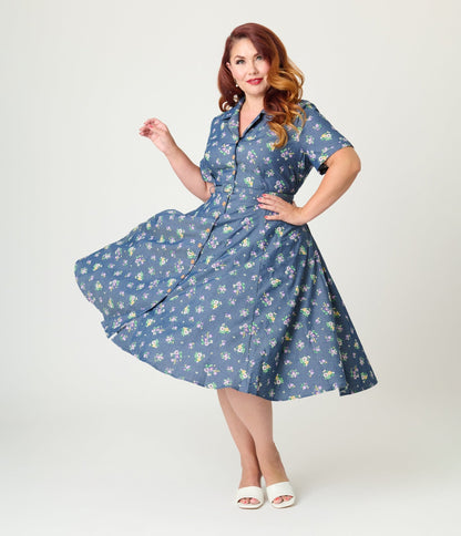 Royal Monk Plus Size Blue Floral Bloom Print Bella Swing Dress - Unique Vintage - Womens, DRESSES, SWING