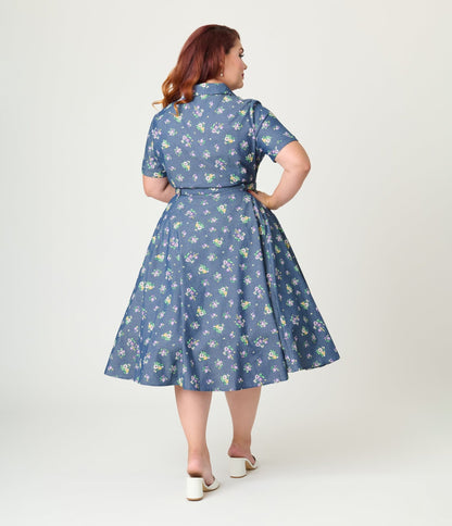 Royal Monk Plus Size Blue Floral Bloom Print Bella Swing Dress - Unique Vintage - Womens, DRESSES, SWING