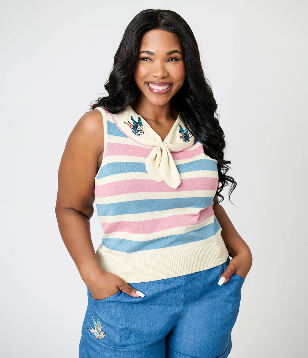 Royal Monk Plus Size Blue & Pink Striped Swallow Zelda Knit Top - Unique Vintage - Womens, TOPS, SHIRTS