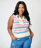Royal Monk Plus Size Blue & Pink Striped Swallow Zelda Knit Top - Unique Vintage - Womens, TOPS, SHIRTS