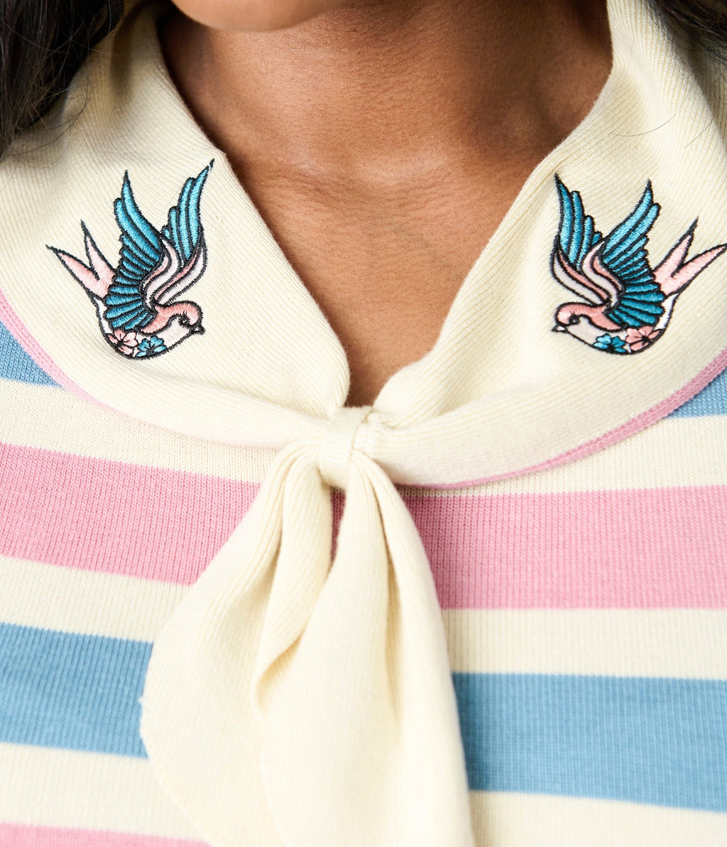 Royal Monk Plus Size Blue & Pink Striped Swallow Zelda Knit Top - Unique Vintage - Womens, TOPS, SHIRTS