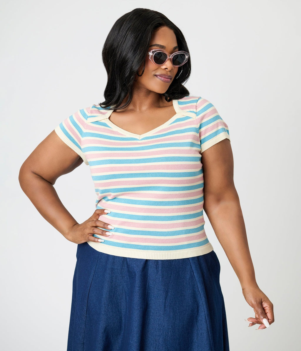 Royal Monk Plus Size Blue & Pink Striped Vivian Knit Top - Unique Vintage - Womens, TOPS, SHIRTS