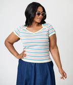 Royal Monk Plus Size Blue & Pink Striped Vivian Knit Top - Unique Vintage - Womens, TOPS, SHIRTS