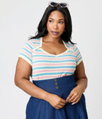 Royal Monk Plus Size Blue & Pink Striped Vivian Knit Top - Unique Vintage - Womens, TOPS, SHIRTS
