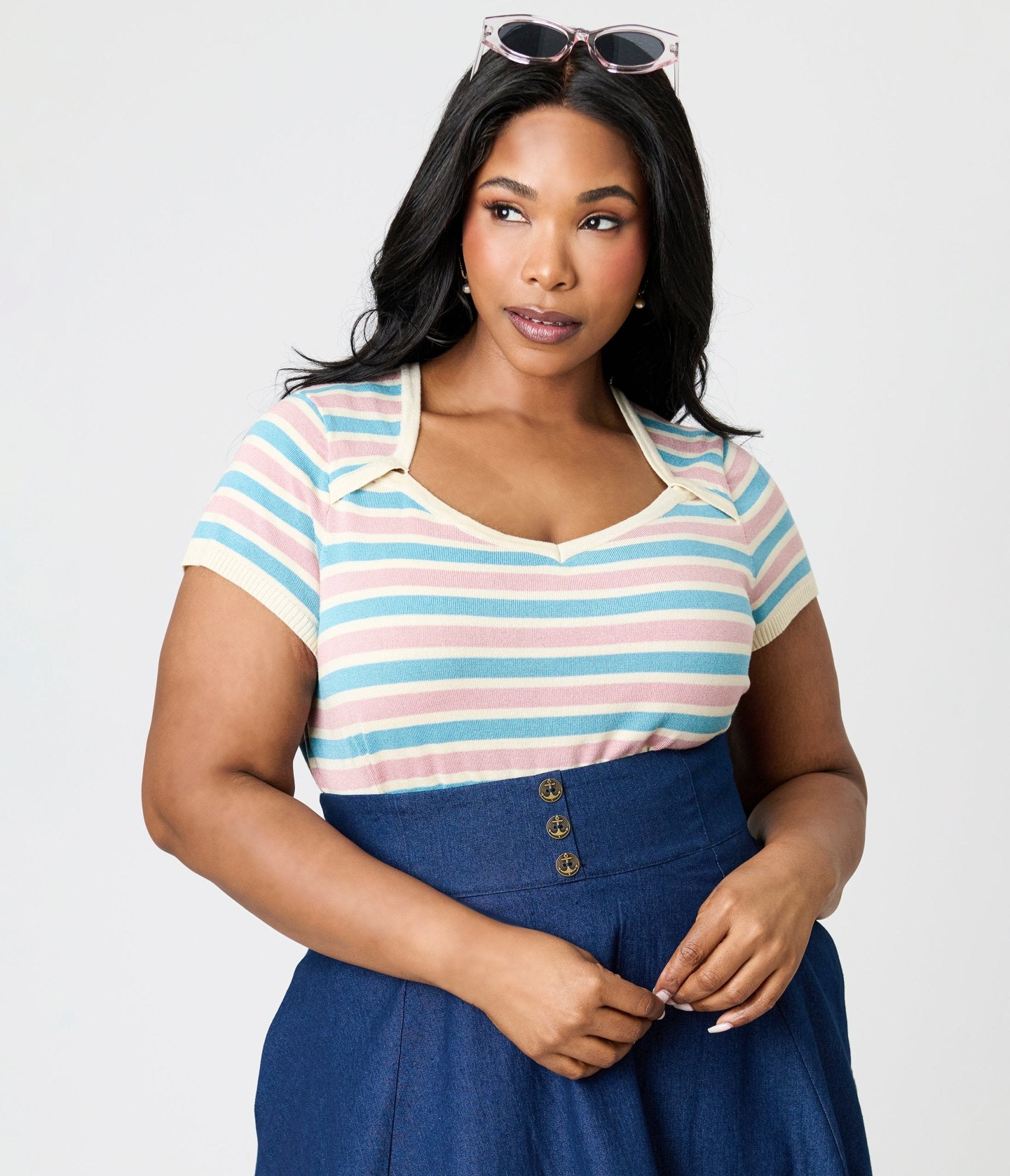 Royal Monk Plus Size Blue & Pink Striped Vivian Knit Top - Unique Vintage - Womens, TOPS, SHIRTS