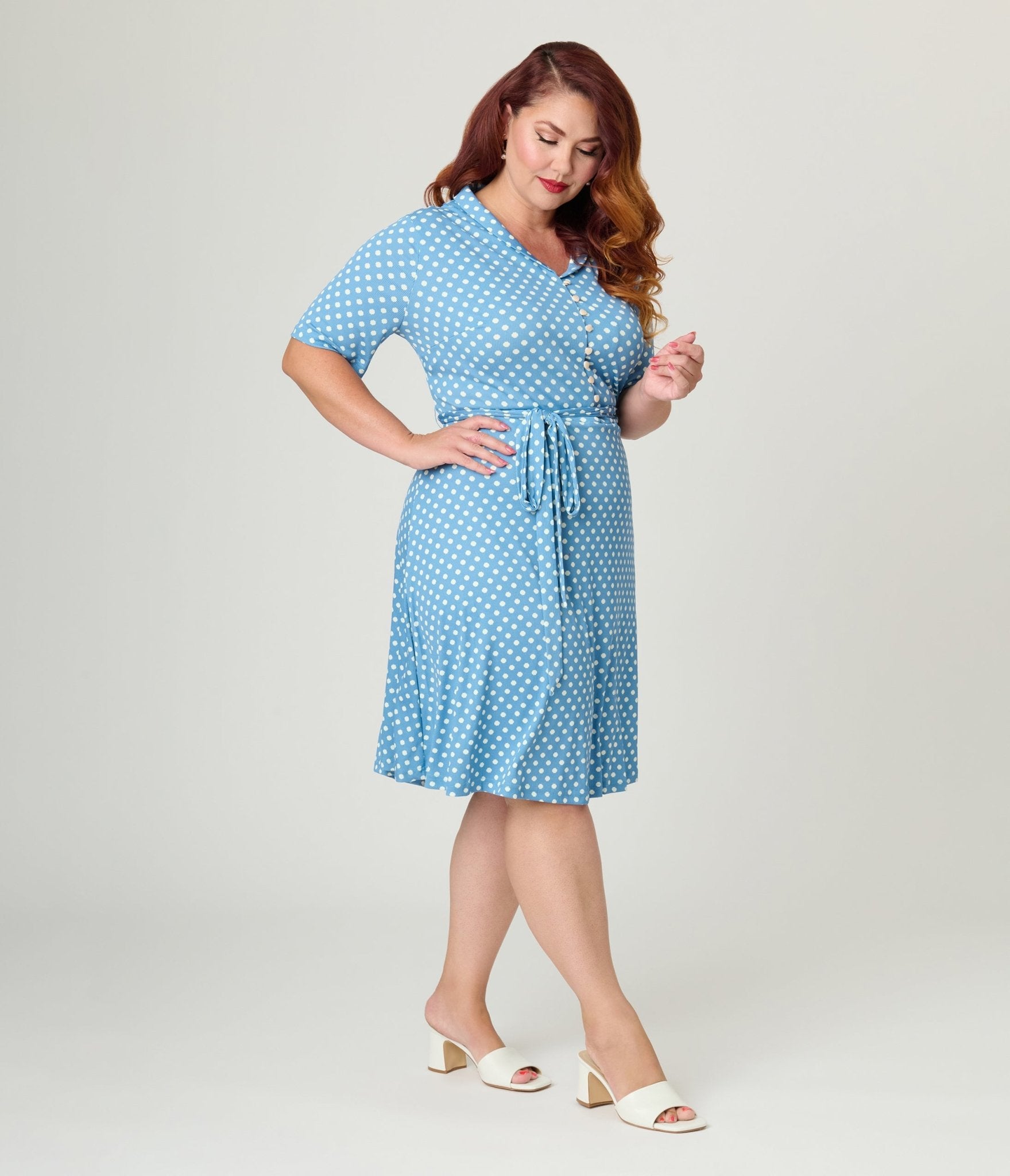 Royal Monk Plus Size Blue & White Polka Dot Ellen Swing Dress - Unique Vintage - Womens, DRESSES, SWING