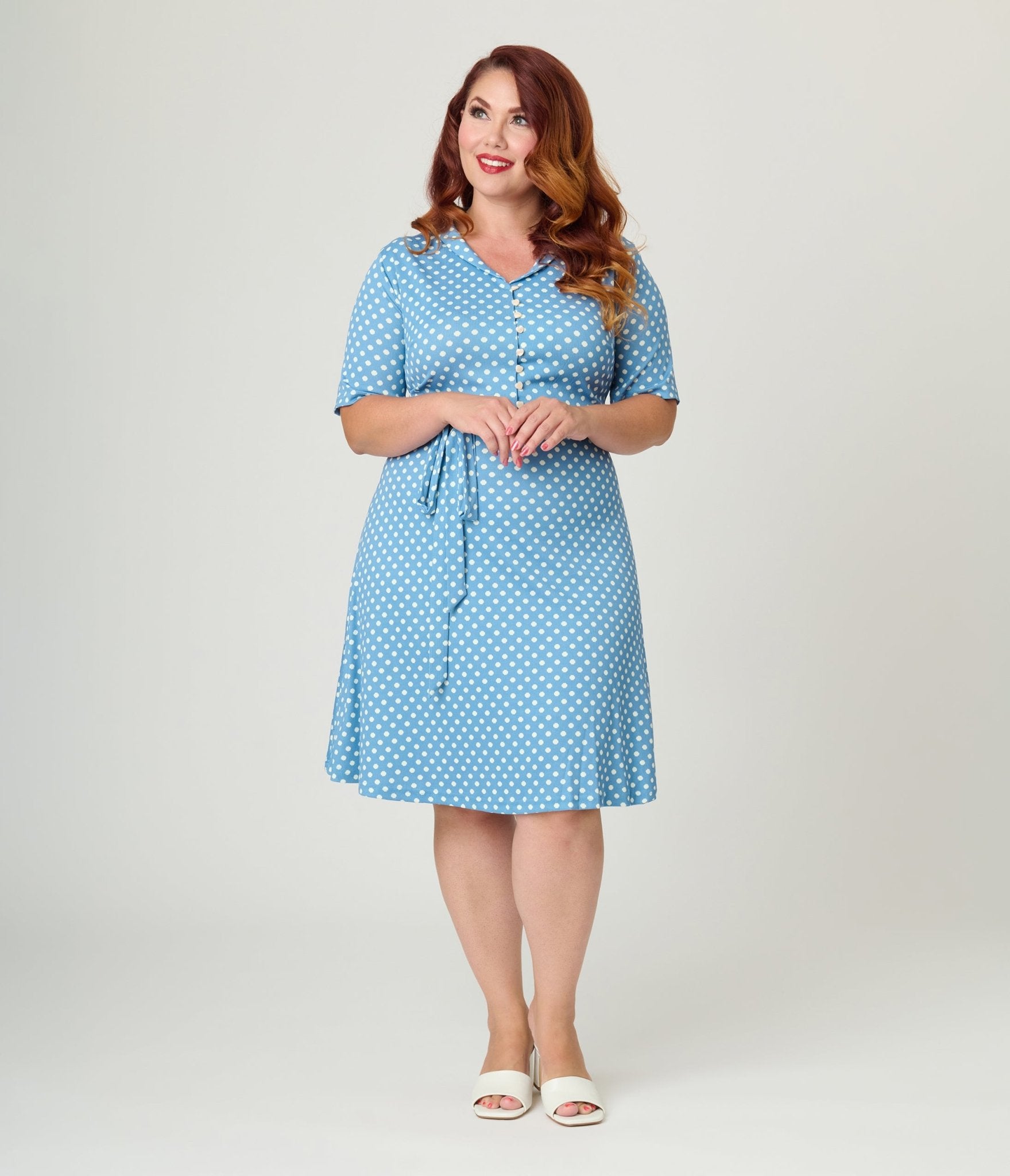 Royal Monk Plus Size Blue & White Polka Dot Ellen Swing Dress - Unique Vintage - Womens, DRESSES, SWING