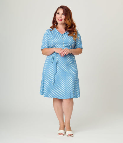 Royal Monk Plus Size Blue & White Polka Dot Ellen Swing Dress - Unique Vintage - Womens, DRESSES, SWING