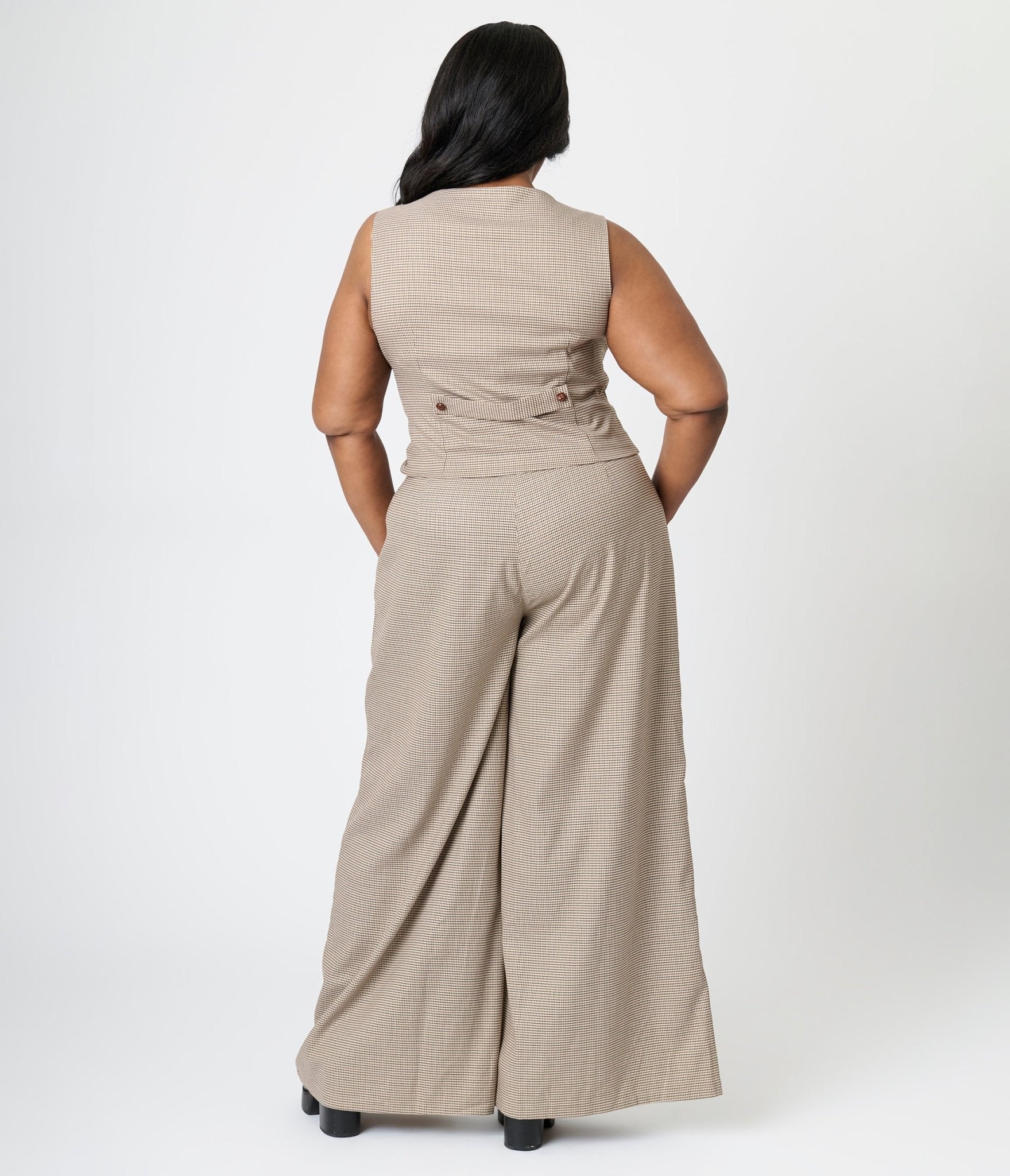 Royal Monk Plus Size Brown Houndstooth Eliza Trousers - Unique Vintage - Womens, BOTTOMS, PANTS
