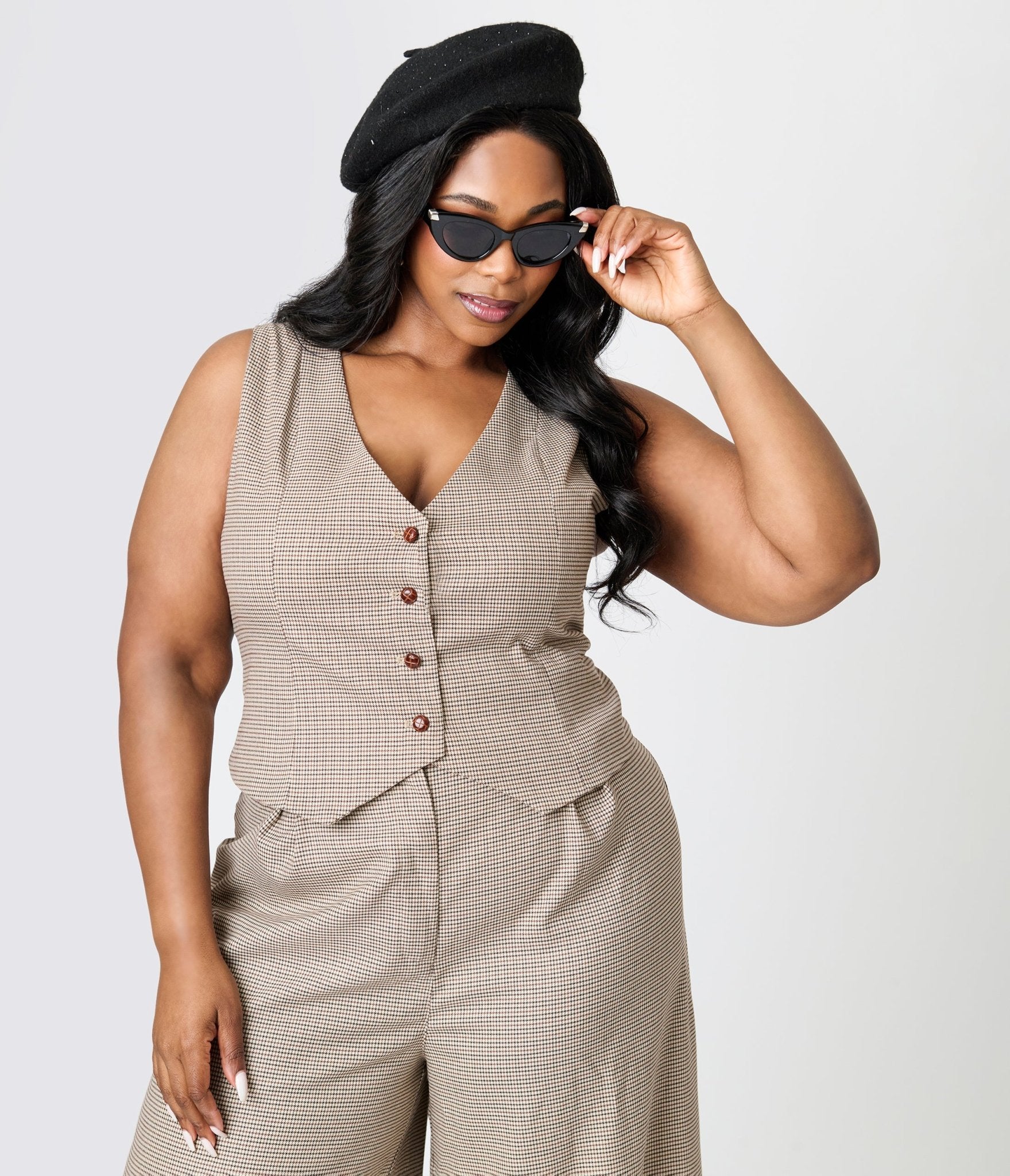 Royal Monk Plus Size Brown Houndstooth Hallie Vest - Unique Vintage - Womens, TOPS, SWEATERS AND VESTS