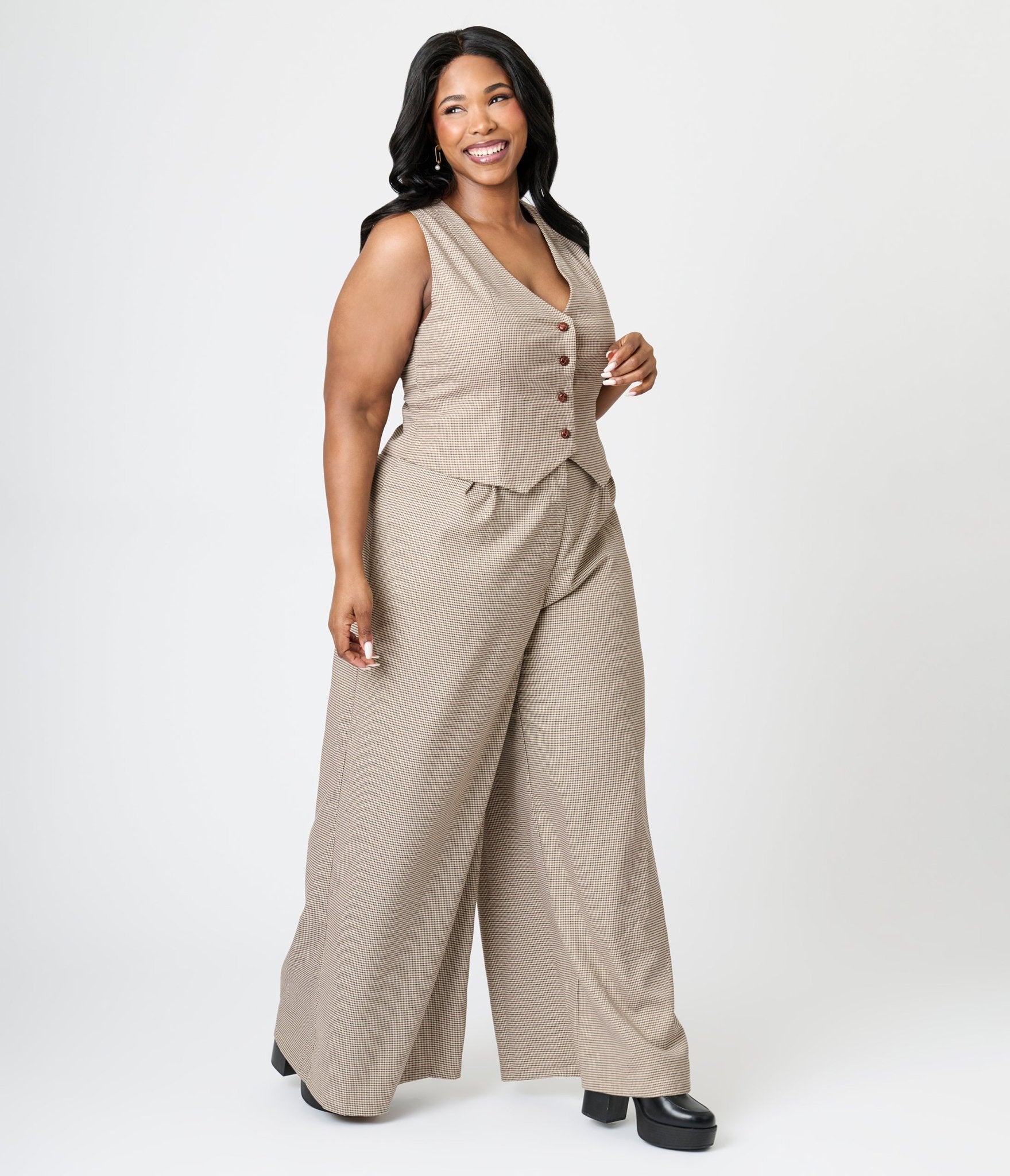 Royal Monk Plus Size Brown Houndstooth Hallie Vest - Unique Vintage - Womens, TOPS, SWEATERS AND VESTS