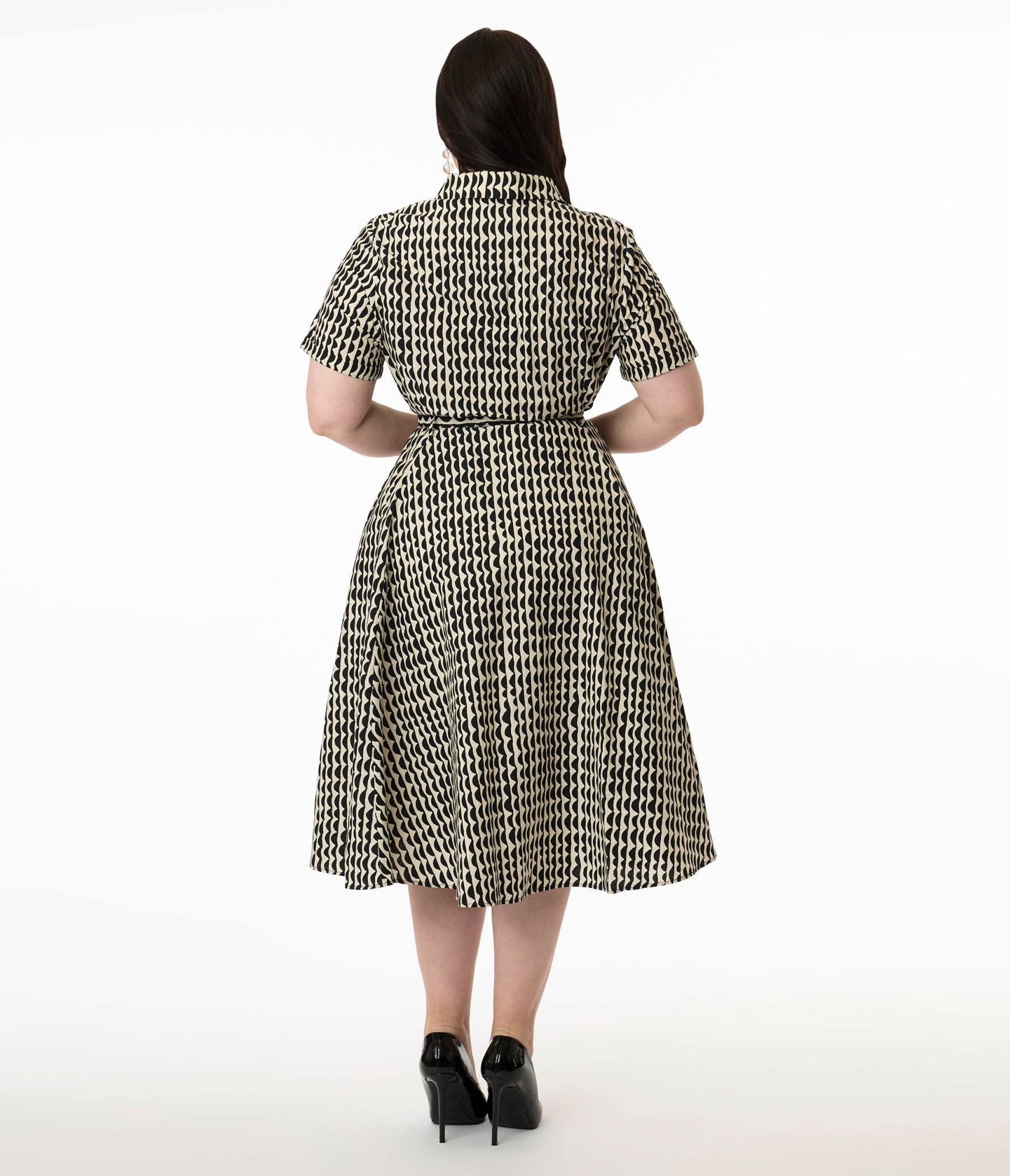Royal Monk Plus Size Cream & Black Scalloped Stripes Cotton Swing Dress - Unique Vintage - Womens, DRESSES, SWING