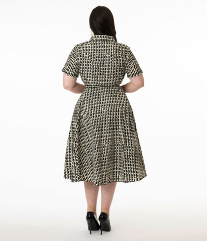 Royal Monk Plus Size Cream & Black Scalloped Stripes Cotton Swing Dress - Unique Vintage - Womens, DRESSES, SWING