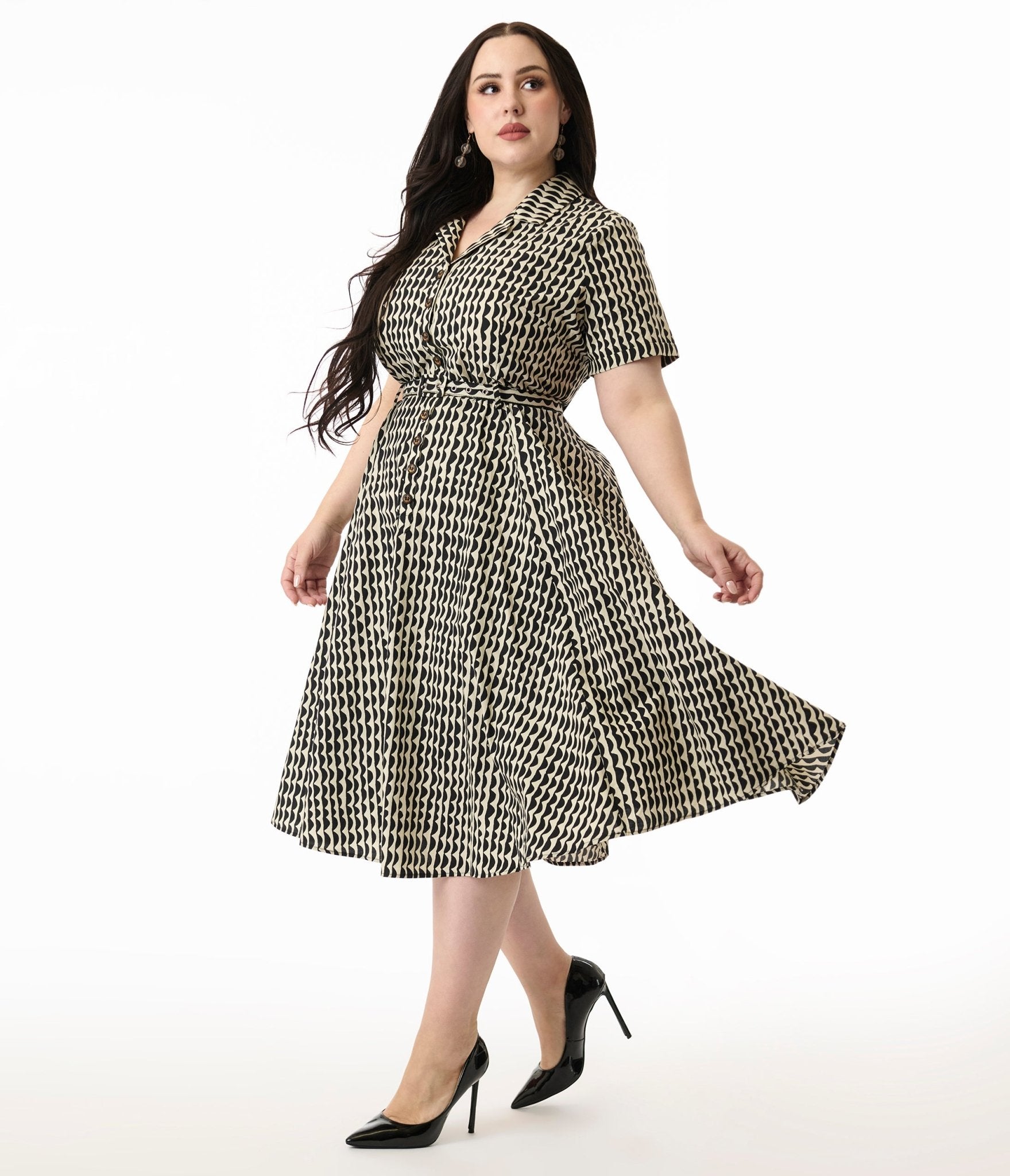 Royal Monk Plus Size Cream & Black Scalloped Stripes Cotton Swing Dress - Unique Vintage - Womens, DRESSES, SWING