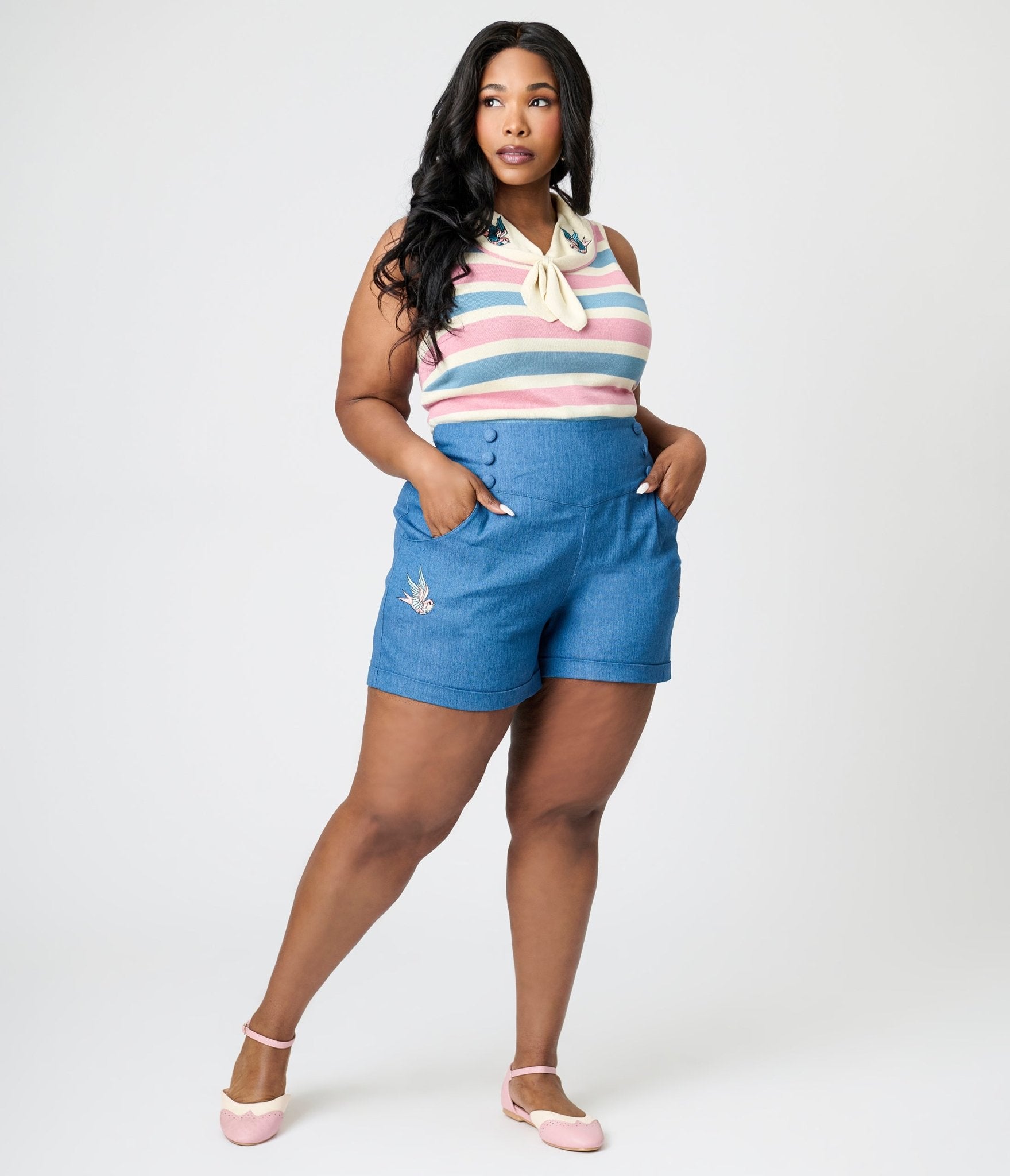 Royal Monk Plus Size Denim Blue Swallows Millie Shorts - Unique Vintage - Womens, BOTTOMS, SHORTS