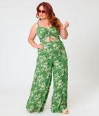 Royal Monk Plus Size Green Bamboo Print Nancy Jumpsuit - Unique Vintage - Womens, BOTTOMS, ROMPERS AND JUMPSUITS
