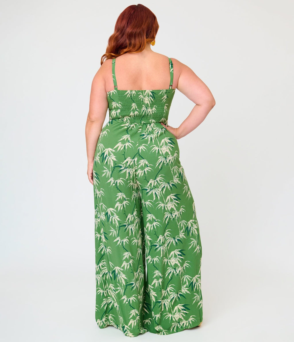 Royal Monk Plus Size Green Bamboo Print Nancy Jumpsuit - Unique Vintage - Womens, BOTTOMS, ROMPERS AND JUMPSUITS