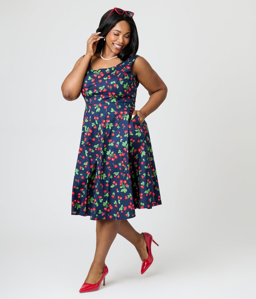 Royal Monk Plus Size Navy Cherry Heart Nora Swing Dress - Unique Vintage - Womens, DRESSES, SWING