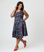Royal Monk Plus Size Navy Cherry Heart Nora Swing Dress - Unique Vintage - Womens, DRESSES, SWING