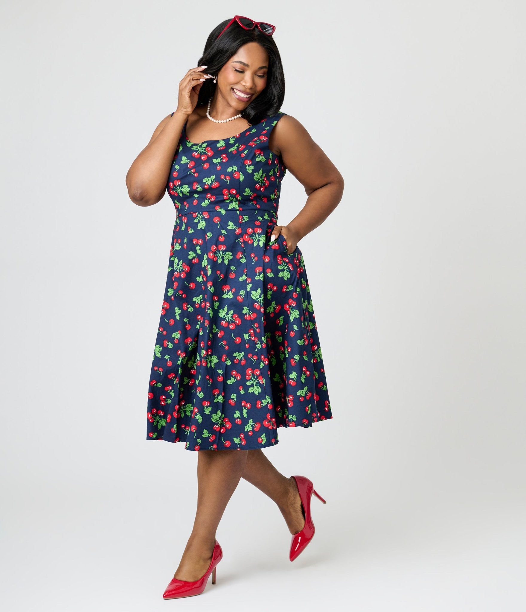 Royal Monk Plus Size Navy Cherry Heart Nora Swing Dress - Unique Vintage - Womens, DRESSES, SWING
