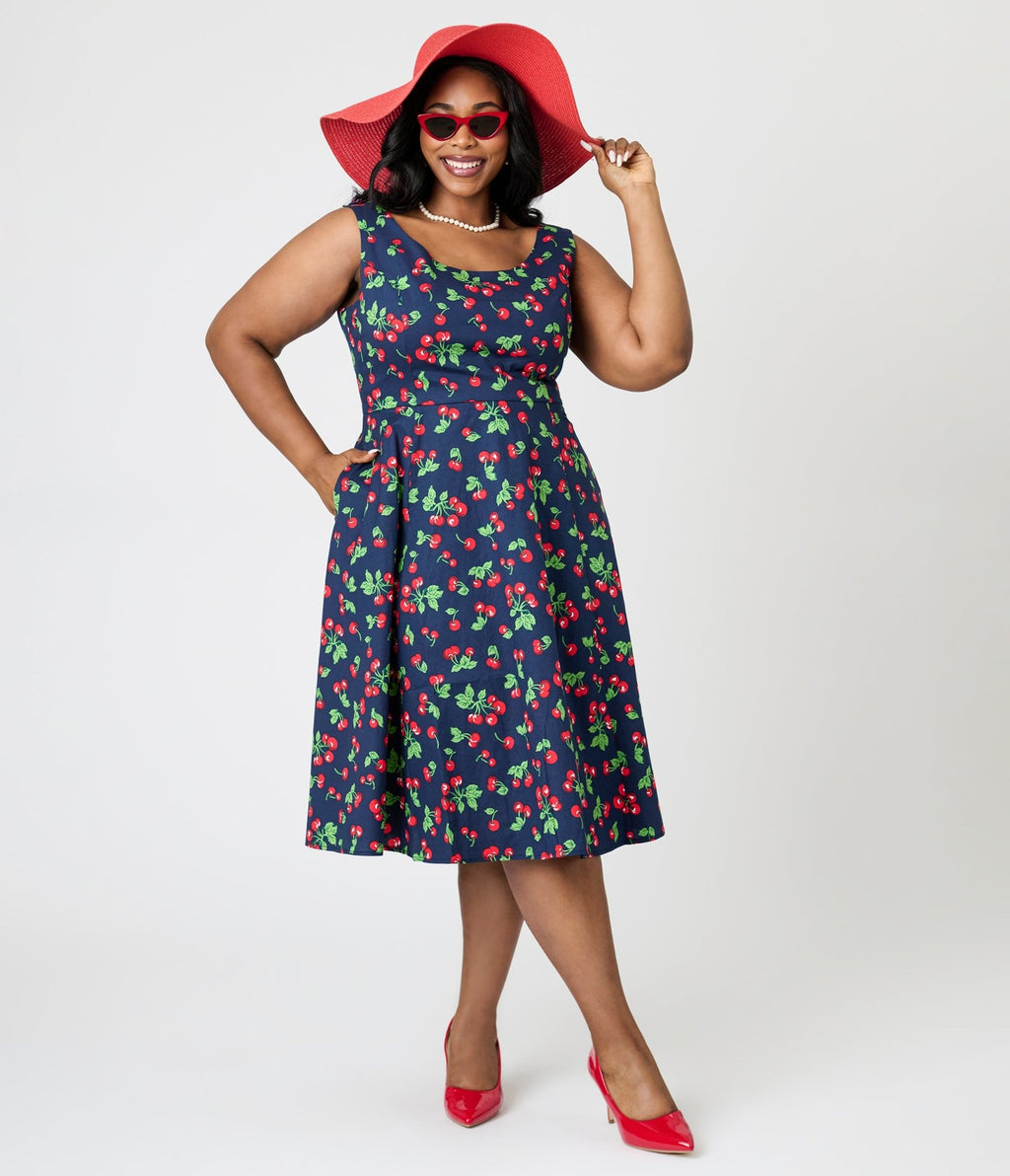 Royal Monk Plus Size Navy Cherry Heart Nora Swing Dress - Unique Vintage - Womens, DRESSES, SWING