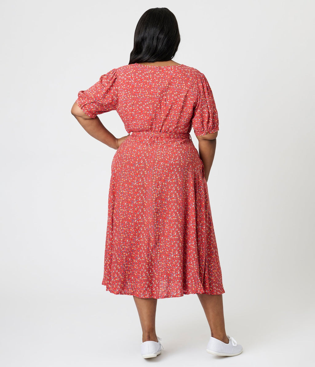 Royal Monk Plus Size Red Summer Floral Eva Bloom Midi Dress - Unique Vintage - Womens, DRESSES, SWING