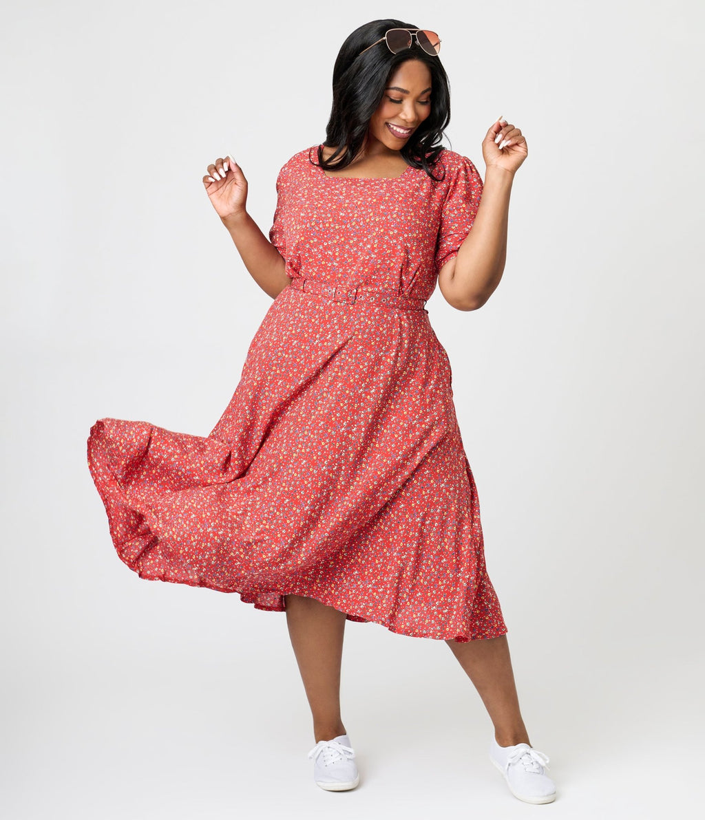 Royal Monk Plus Size Red Summer Floral Eva Bloom Midi Dress - Unique Vintage - Womens, DRESSES, SWING