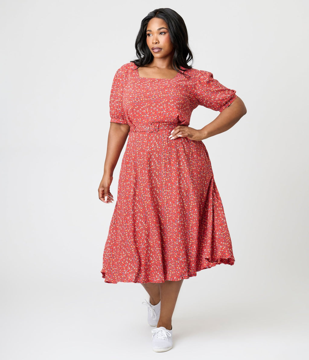 Royal Monk Plus Size Red Summer Floral Eva Bloom Midi Dress - Unique Vintage - Womens, DRESSES, SWING