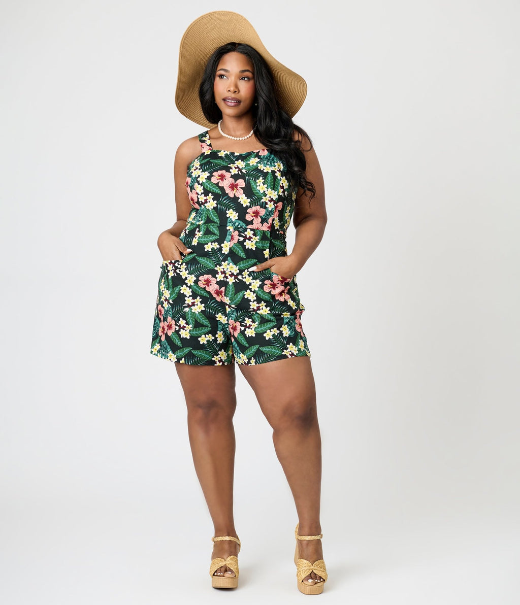 Royal Monk Plus Size Tropical Print Elsie Romper - Unique Vintage - Womens, DRESSES, SWING