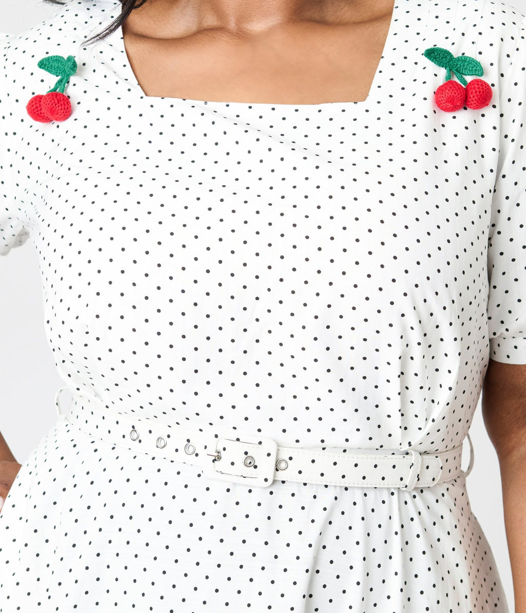 Royal Monk Plus Size White & Black Polka Dot Cherry Danny Sweet Spot Midi Dress - Unique Vintage - Womens, DRESSES, SWING