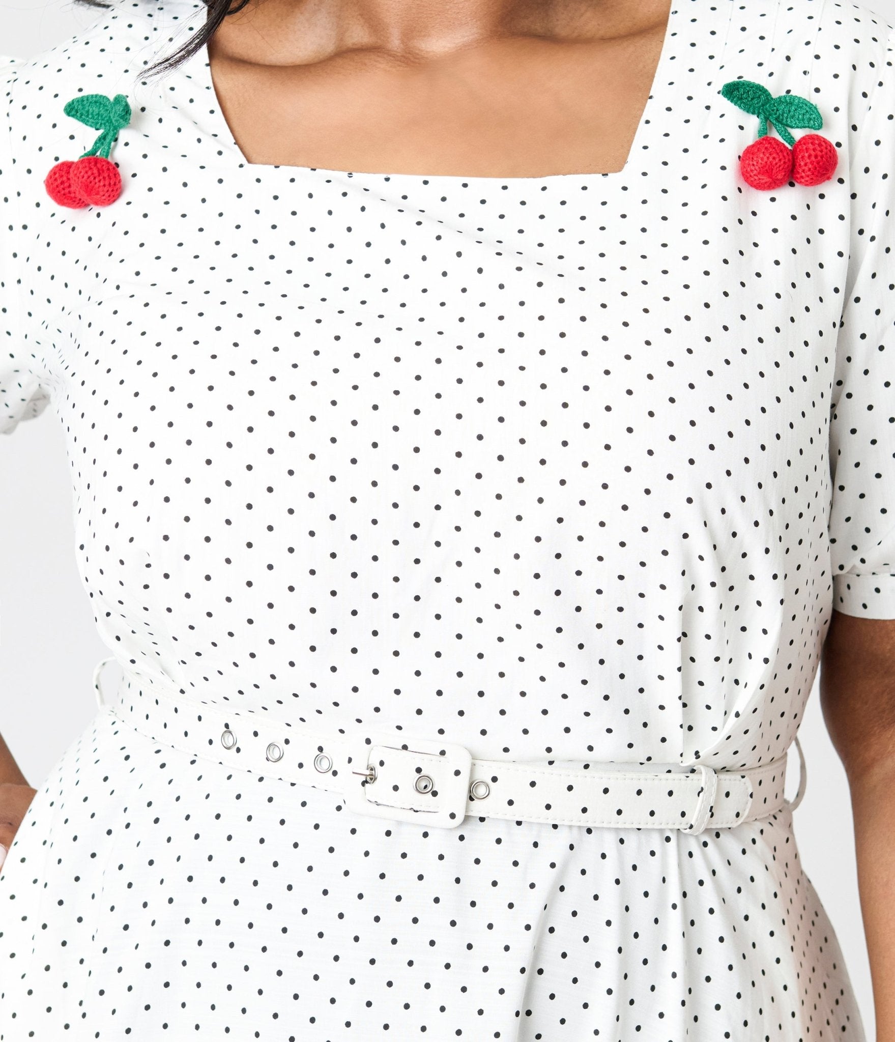 Royal Monk Plus Size White & Black Polka Dot Cherry Danny Sweet Spot Midi Dress - Unique Vintage - Womens, DRESSES, SWING