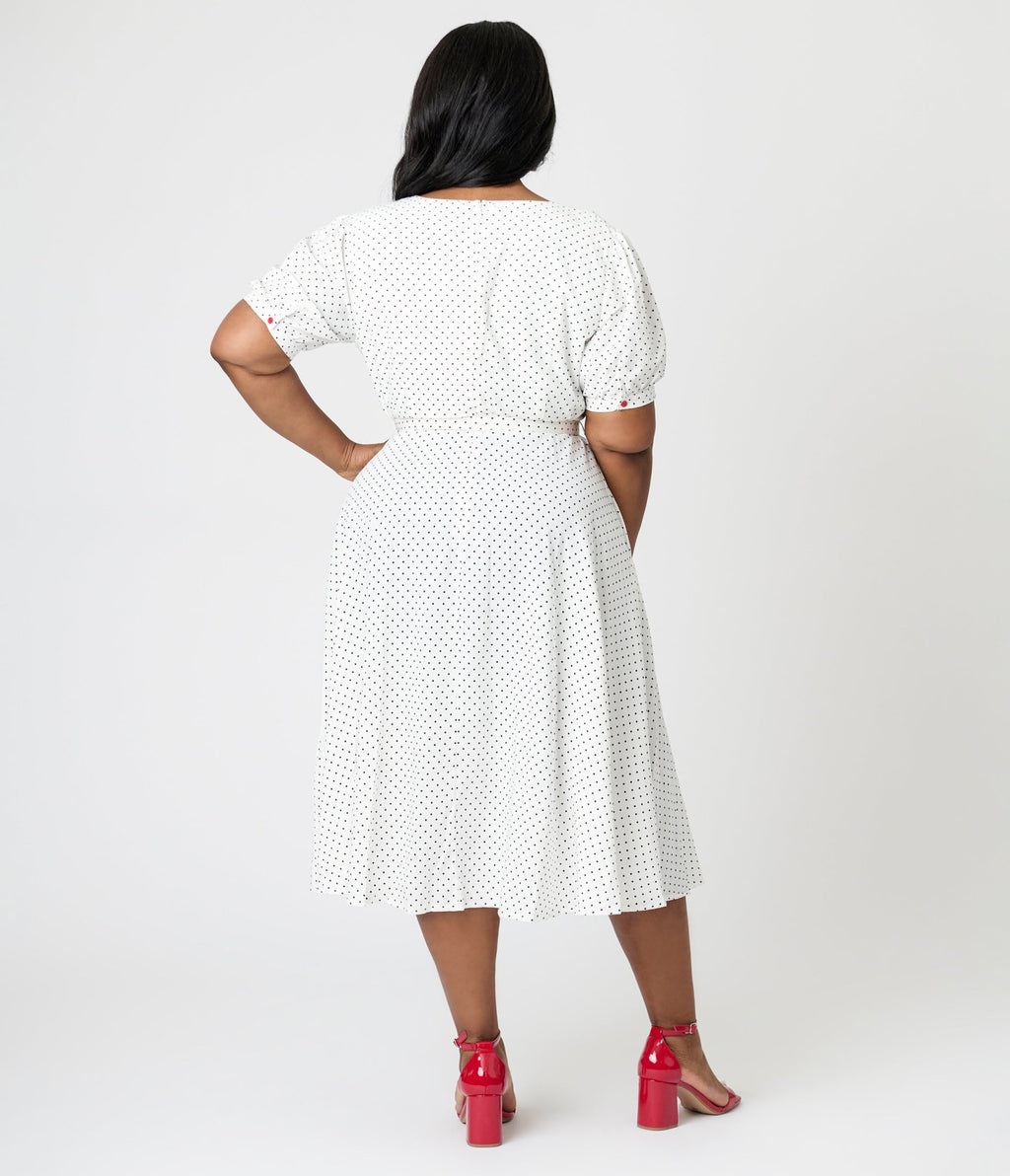 Royal Monk Plus Size White & Black Polka Dot Cherry Danny Sweet Spot Midi Dress - Unique Vintage - Womens, DRESSES, SWING