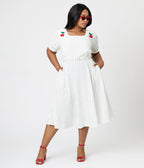 Royal Monk Plus Size White & Black Polka Dot Cherry Danny Sweet Spot Midi Dress - Unique Vintage - Womens, DRESSES, SWING
