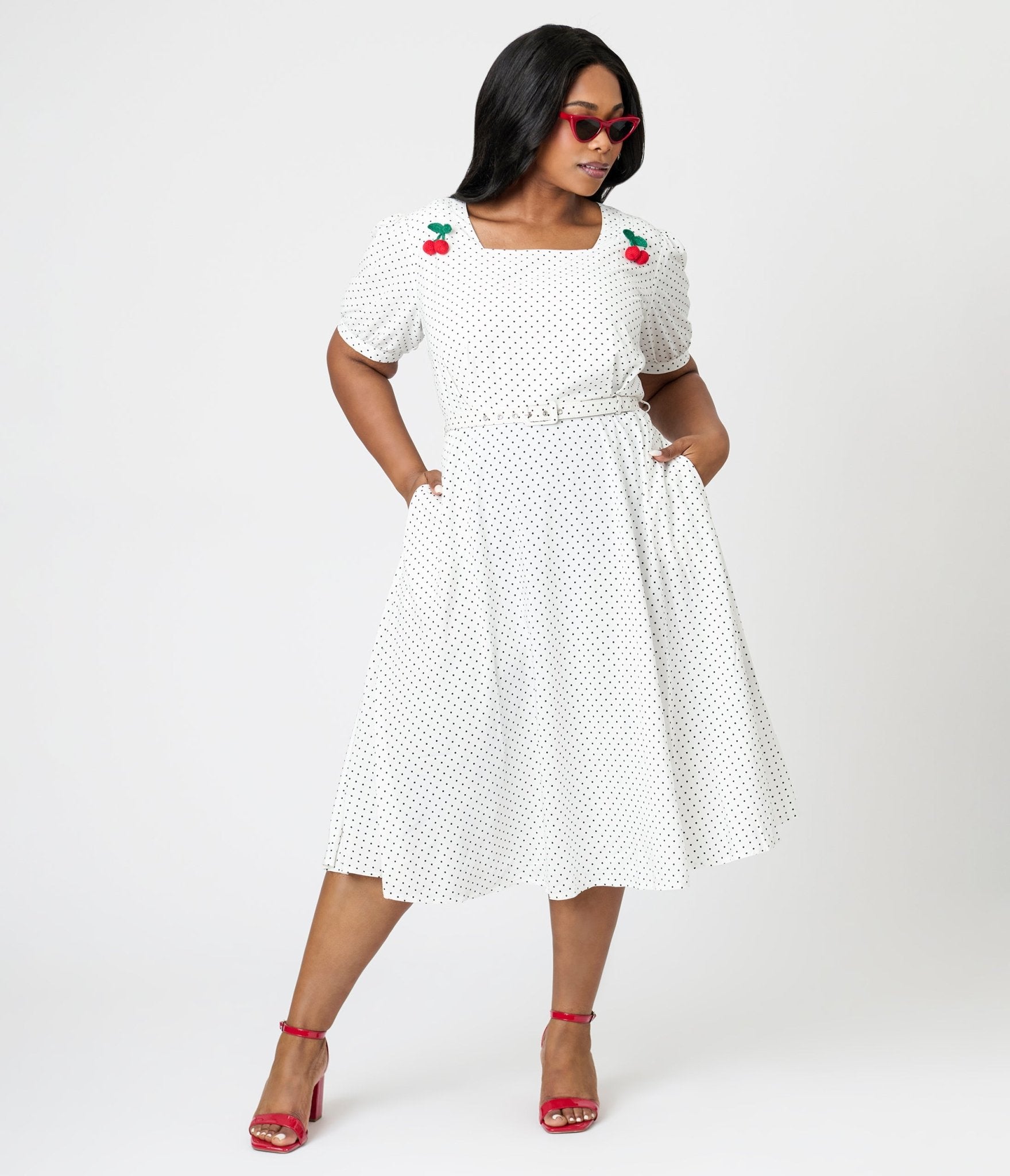 Royal Monk Plus Size White & Black Polka Dot Cherry Danny Sweet Spot Midi Dress - Unique Vintage - Womens, DRESSES, SWING