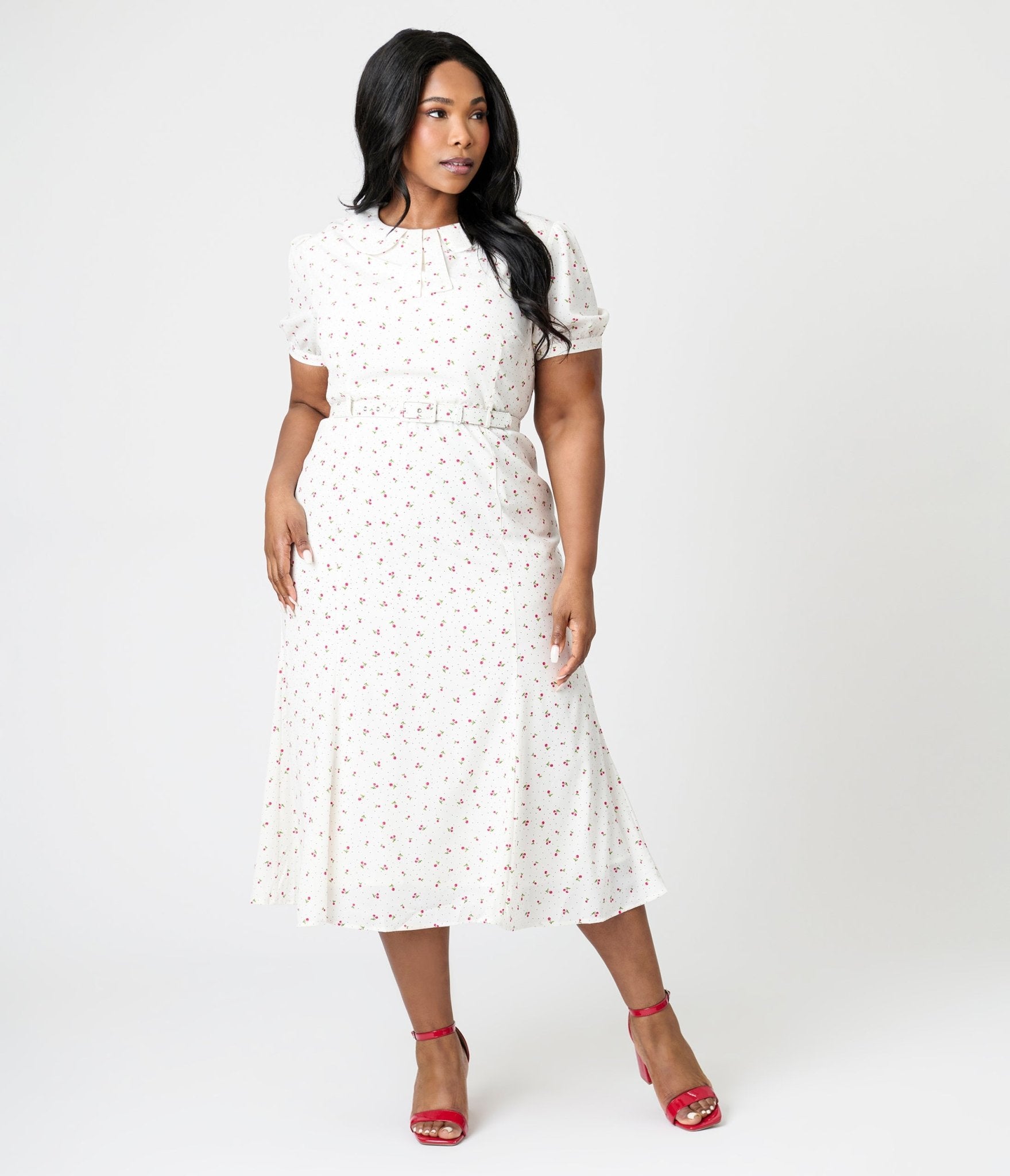 Royal Monk Plus Size White Cherry Lucille Midi Dress - Unique Vintage - Womens, DRESSES, SWING
