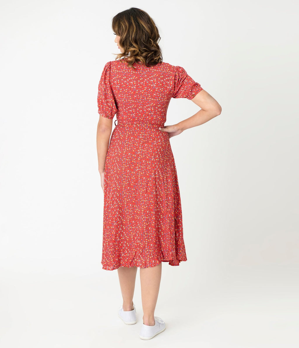 Royal Monk Red Summer Floral Eva Bloom Midi Dress - Unique Vintage - Womens, DRESSES, MIDI