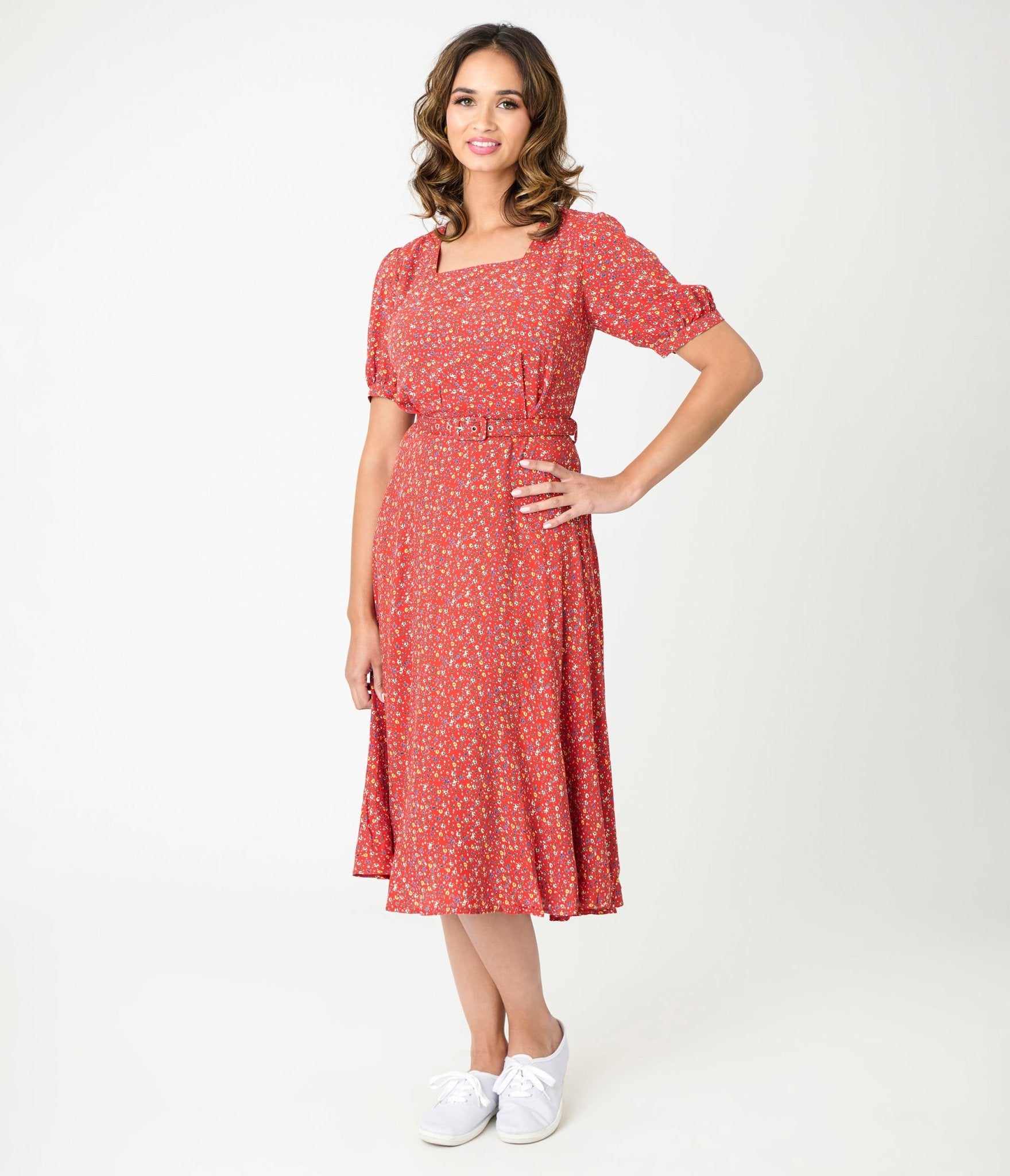 Royal Monk Red Summer Floral Eva Bloom Midi Dress - Unique Vintage - Womens, DRESSES, MIDI