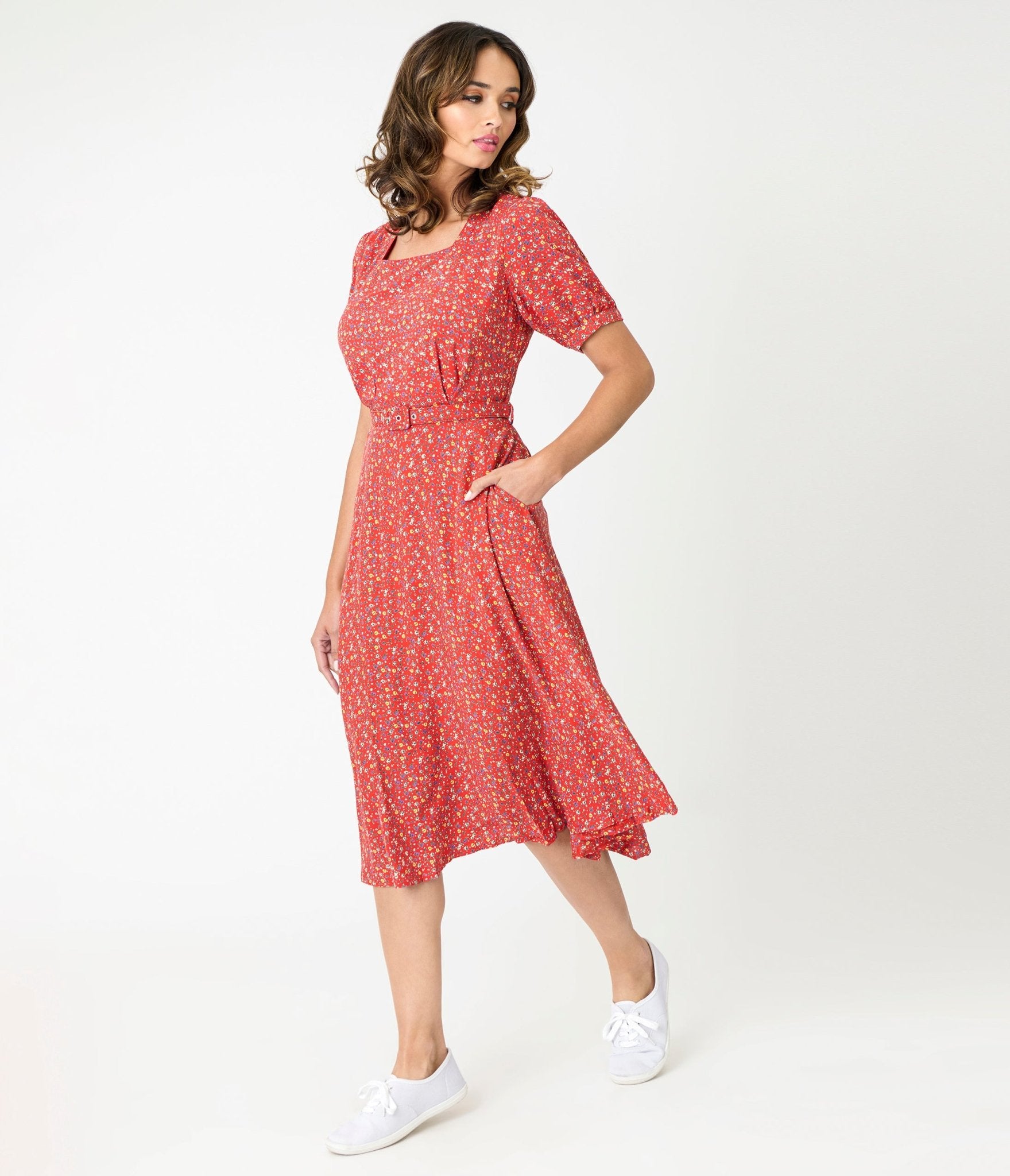 Royal Monk Red Summer Floral Eva Bloom Midi Dress - Unique Vintage - Womens, DRESSES, MIDI
