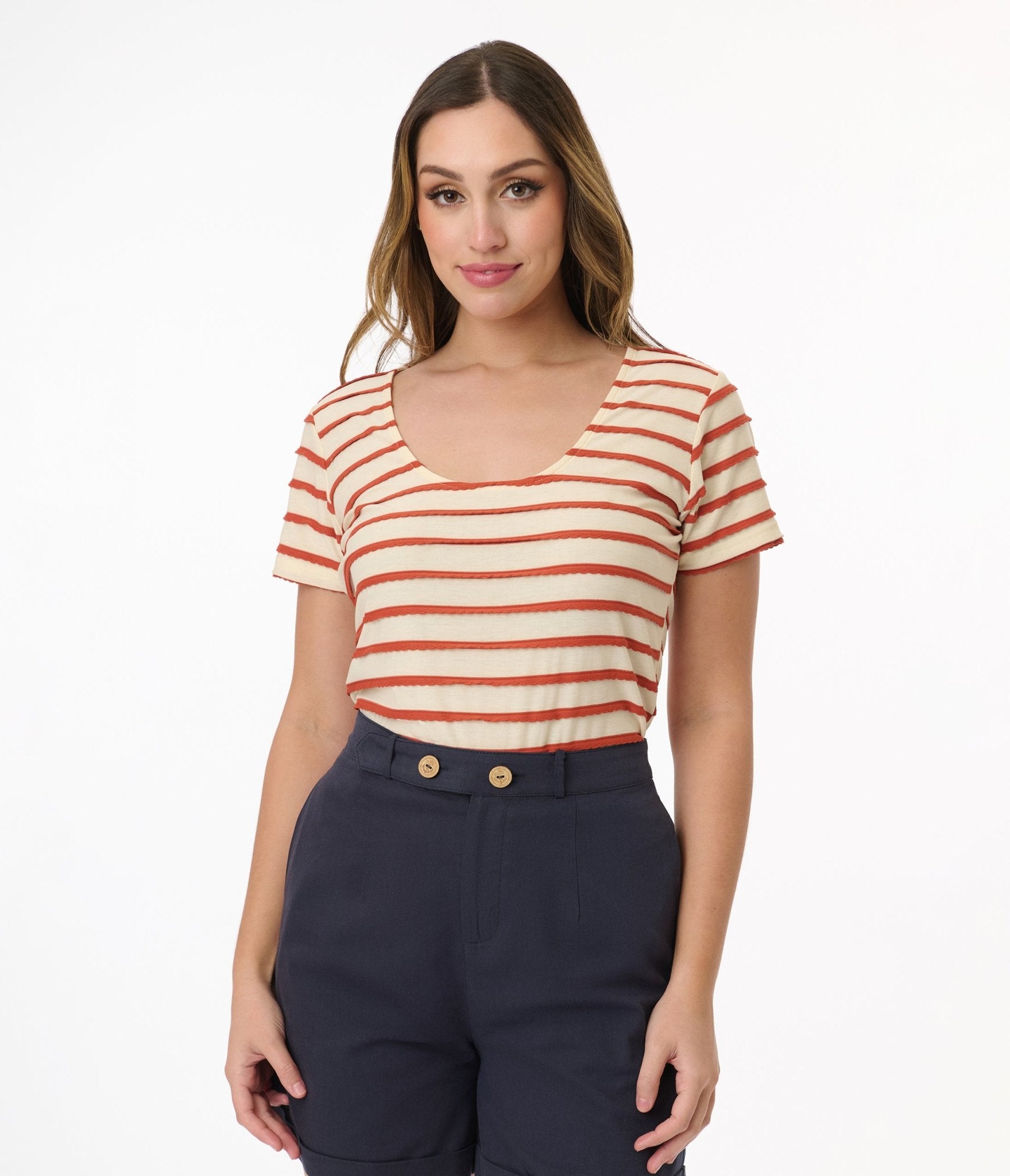 Royal Monk Tan & Rust Ruffle Stripe Knit Top