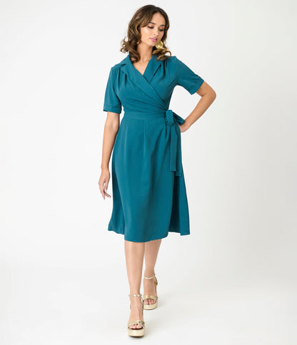 Royal Monk Teal A - Line Judy Wrap Dress - Unique Vintage - Womens, DRESSES, SWING