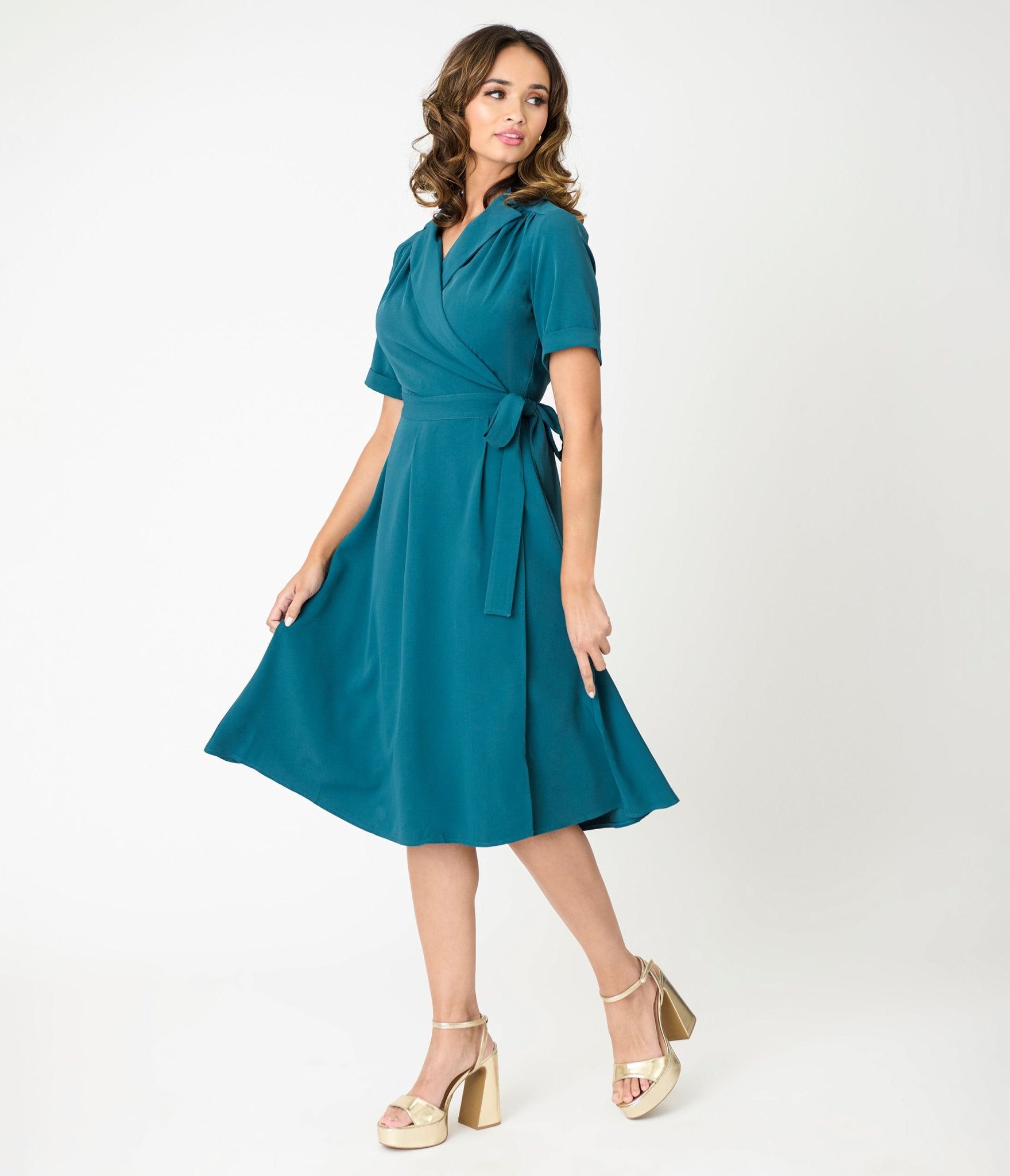 Royal Monk Teal A - Line Judy Wrap Dress - Unique Vintage - Womens, DRESSES, SWING