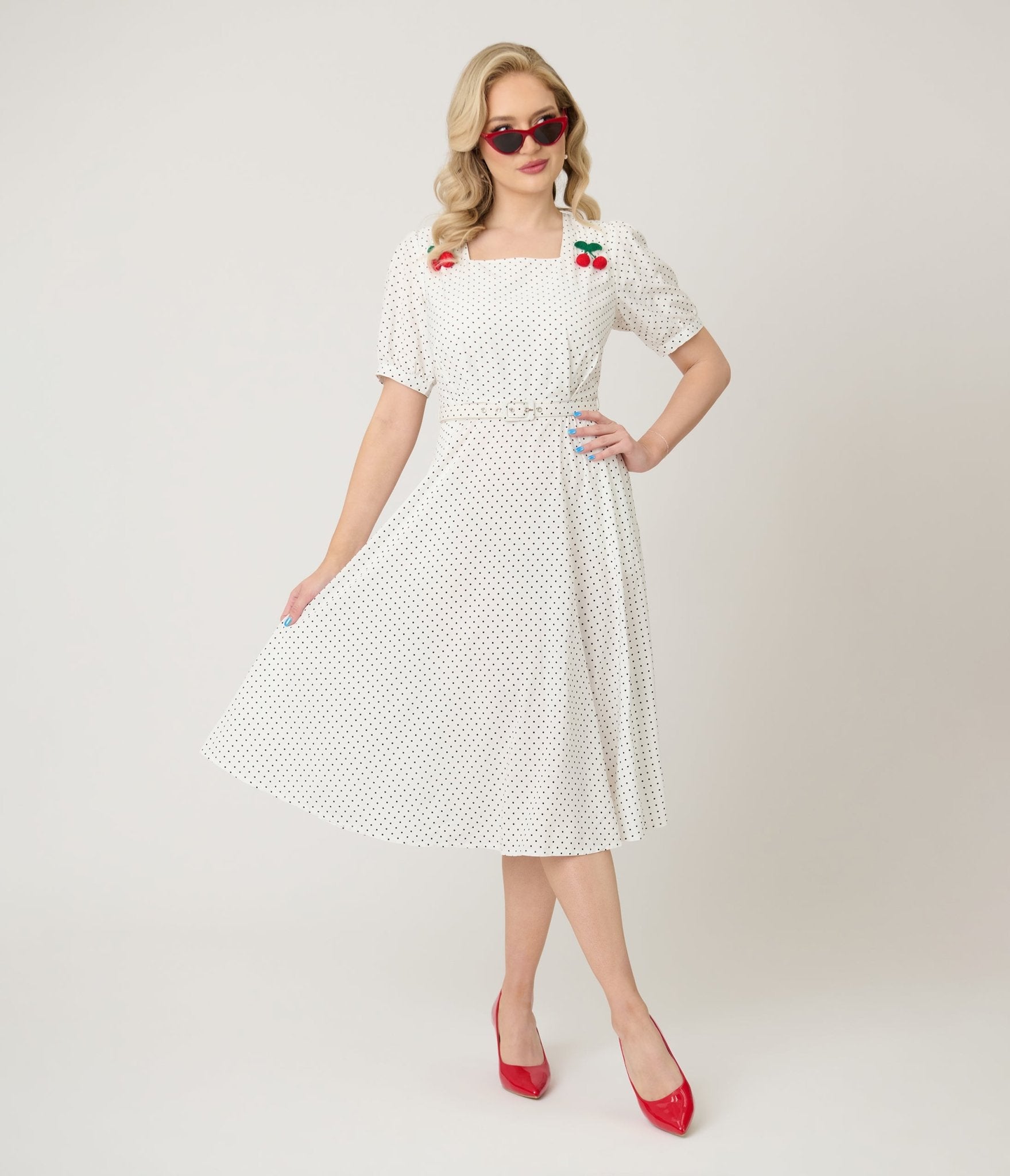 Royal Monk White & Black Polka Dot Cherry Danny Sweet Spot Midi Dress - Unique Vintage - Womens, DRESSES, SWING