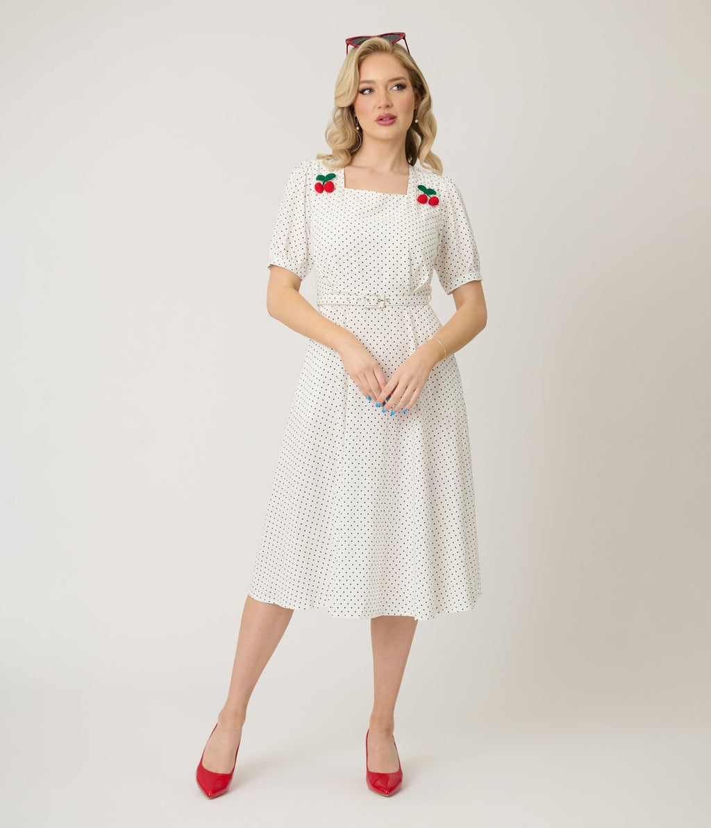 Royal Monk White & Black Polka Dot Cherry Danny Sweet Spot Midi Dress - Unique Vintage - Womens, DRESSES, SWING
