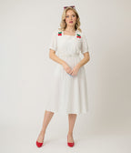 Royal Monk White & Black Polka Dot Cherry Danny Sweet Spot Midi Dress - Unique Vintage - Womens, DRESSES, SWING
